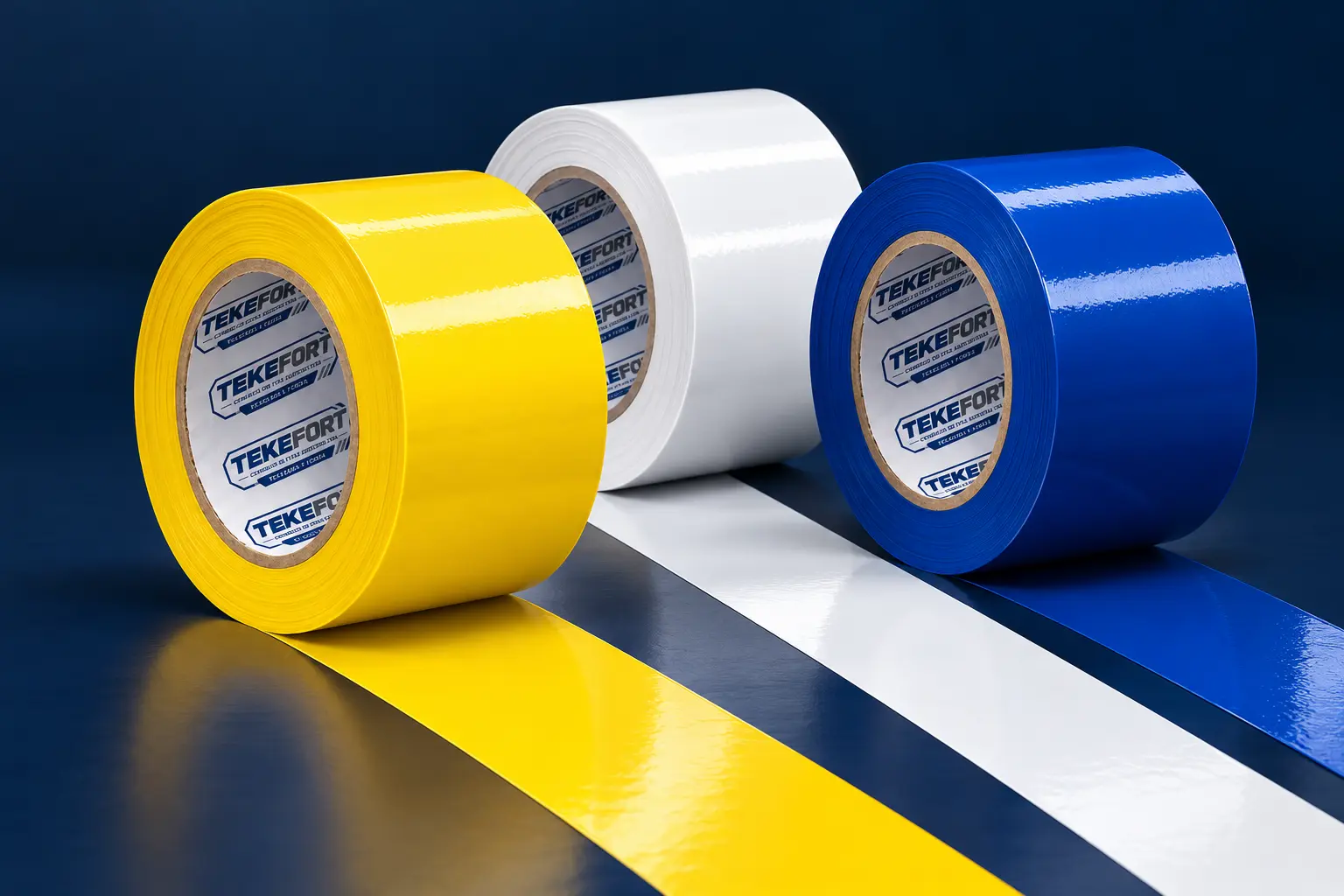Rolos de fita Tekefort nas cores amarela, branca e azul